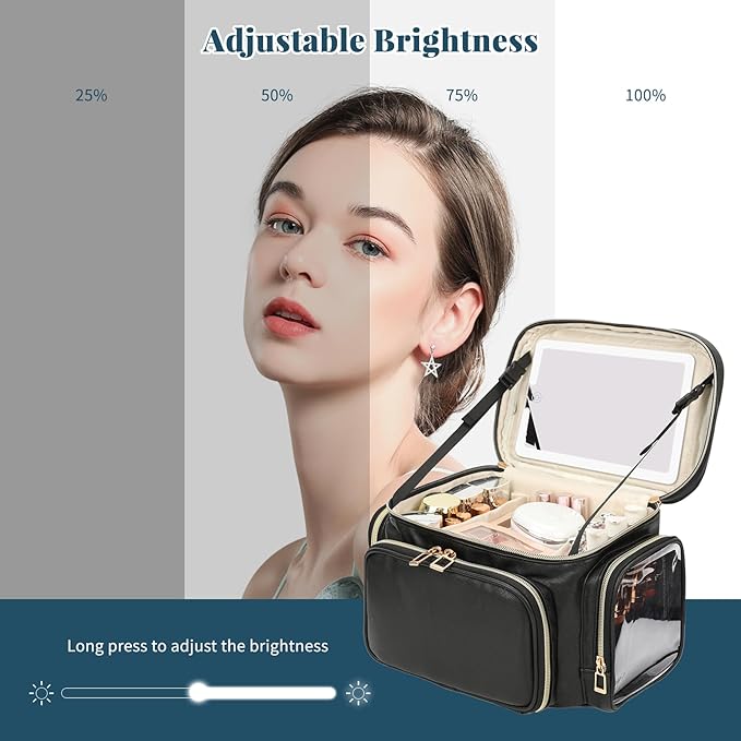 Large Makeup Bag with LED Mirror, Travel Makeup Bag Organizer for Women Girls with Makeup Brush Compartment & Two Side Pockets, 3 Color Lights Cosmetic Toiletry Bag- Leather Black