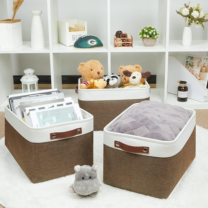 HNZIGE Fabric Storage Baskets (3 Pack) - Decorative Foldable Shelf Baskets with Leather Handles for Organizing Clothes (Brown & White, 15" x 11" x 9.5")