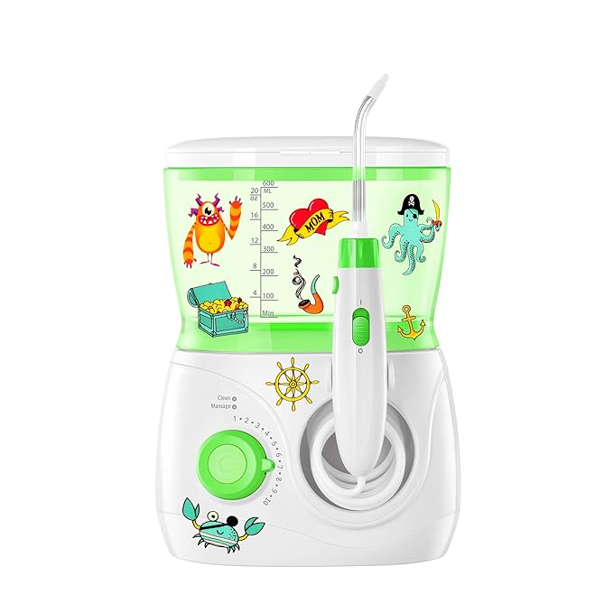 ToiletTree Products Children's Countertop Water Flosser - Dental Oral Irrigator for Kids - BPA-Free Dental Water Flosser with 600mL Capacity and Adjustable Water Pressure - Green