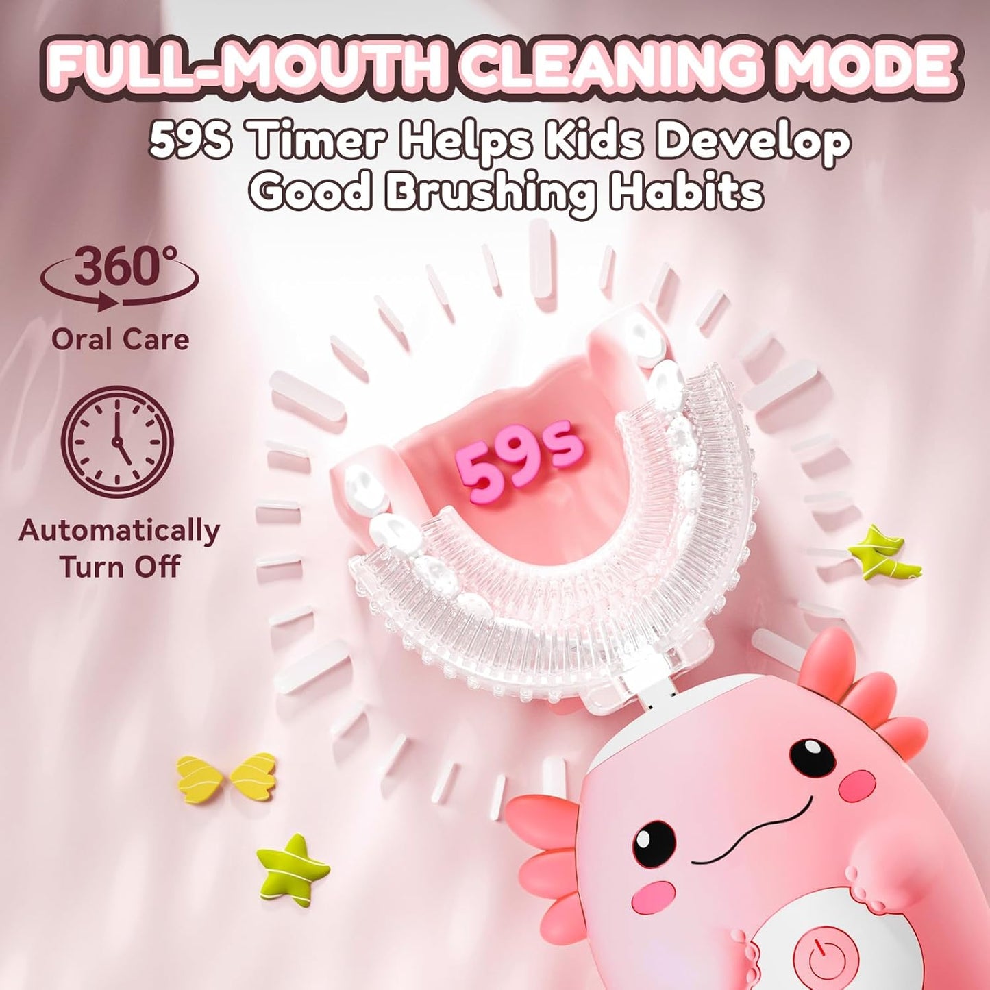 Kids Electric U Shaped Toothbrush - Axolotl Kids Rechargeable Sonic Toothbrush with 6 Brush Heads Full Mouth 6 Cleaning Modes - Age2-15 Pink