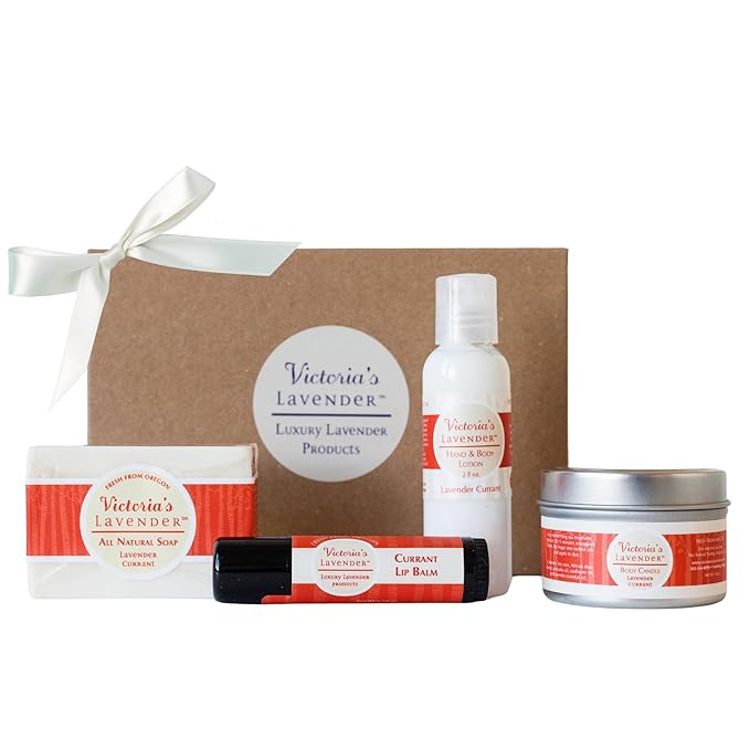 Victoria's Lavender Natural Body Products Gift Set - Handmade Soap, Hand & Body Lotion, Lip Balm, Body Candle Skin Care Set & Kit, Made in USA Lavender Bath & Body Products for Women, Lavender Currant