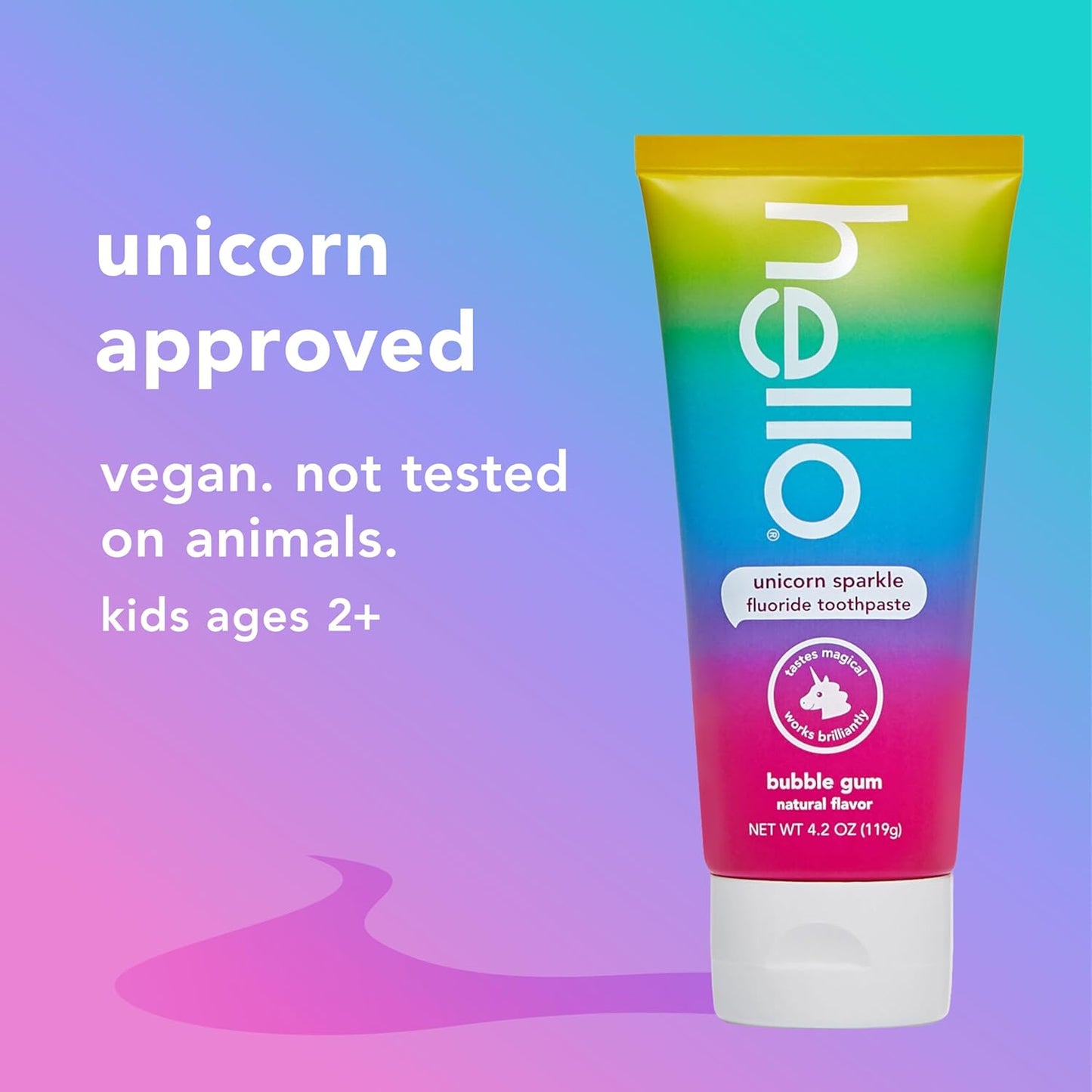 hello Unicorn Sparkle Kids Toothpaste with Fluoride, Bubble Gum Toothpaste, 4.2 Oz Tube (Pack of 3)