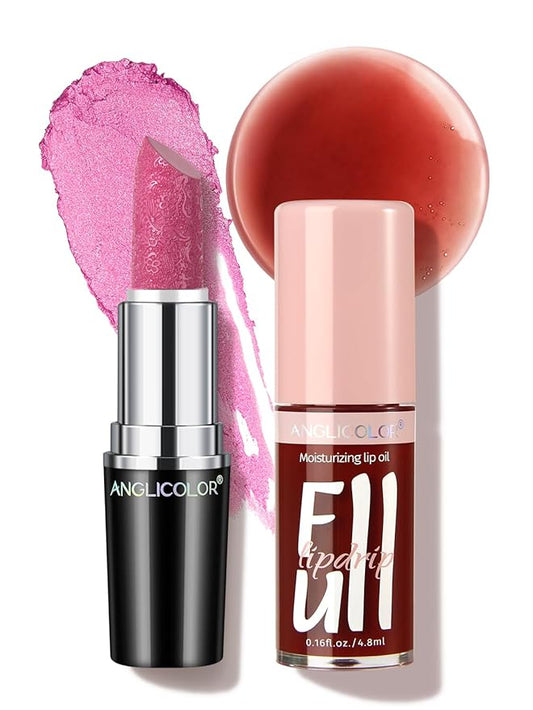 Anglicolor 2PC Lip Oil and Metallic Glitter Pink Lipstick,Natural Lip Plumper,Fruit Flavoured Lip Oil,For Dry Lip's Moisturizing Hydrating,Vegan & Cruelty-free (13 Artemis+15)