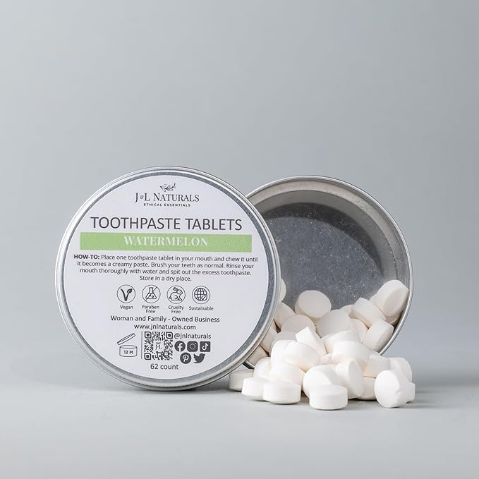 J&L Naturals Toothpaste Tablets | 62-Pack Travel-Friendly Toothpaste | Fluoride + Plastic Free, Vegan, Cruelty Free, Sustainable | Woman-Owned Small Business (Watermelon, 62 Count (Pack of 2))