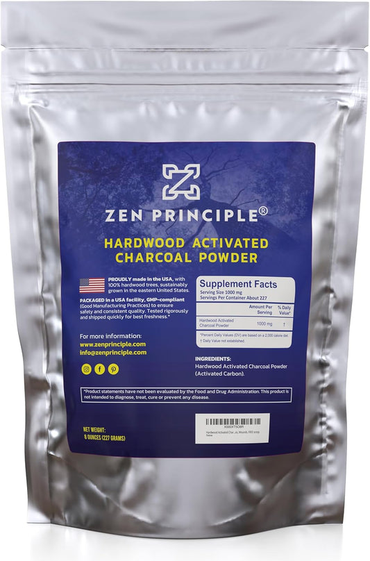 Zen Principle Hardwood Activated Charcoal Powder 100 Percent from USA Trees. All Natural. Whitens Teeth, Rejuvenates Skin and Hair, Supports Better Digestion, 8 oz.
