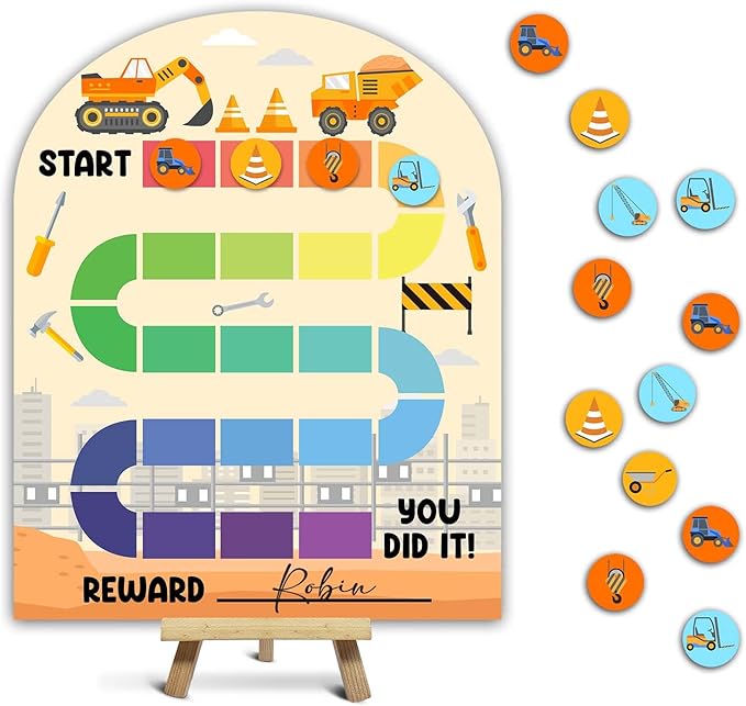 Construction Theme Wooden Reward Chart, Excavator Incentive Charts, Behavior Reward Charts, Responsibility Chart for Girls Kids Toddlers Homework Good Habits Assignments Attendance, 04