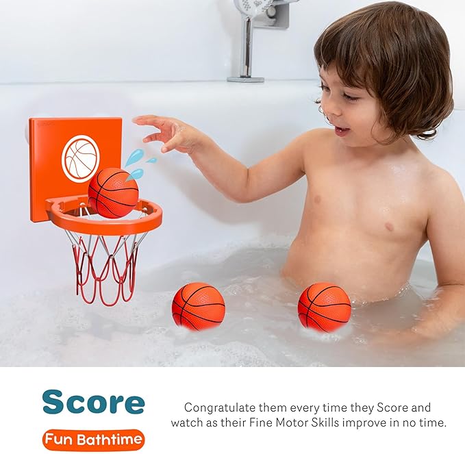 Bath Toys - Bathtub Basketball Hoop for Kids, Toddlers - Suction Cup Basketball Hoop and 4 Soft and No Hole Balls - Baby & Toddler Mini Basketball Hoop - Boys & Girls