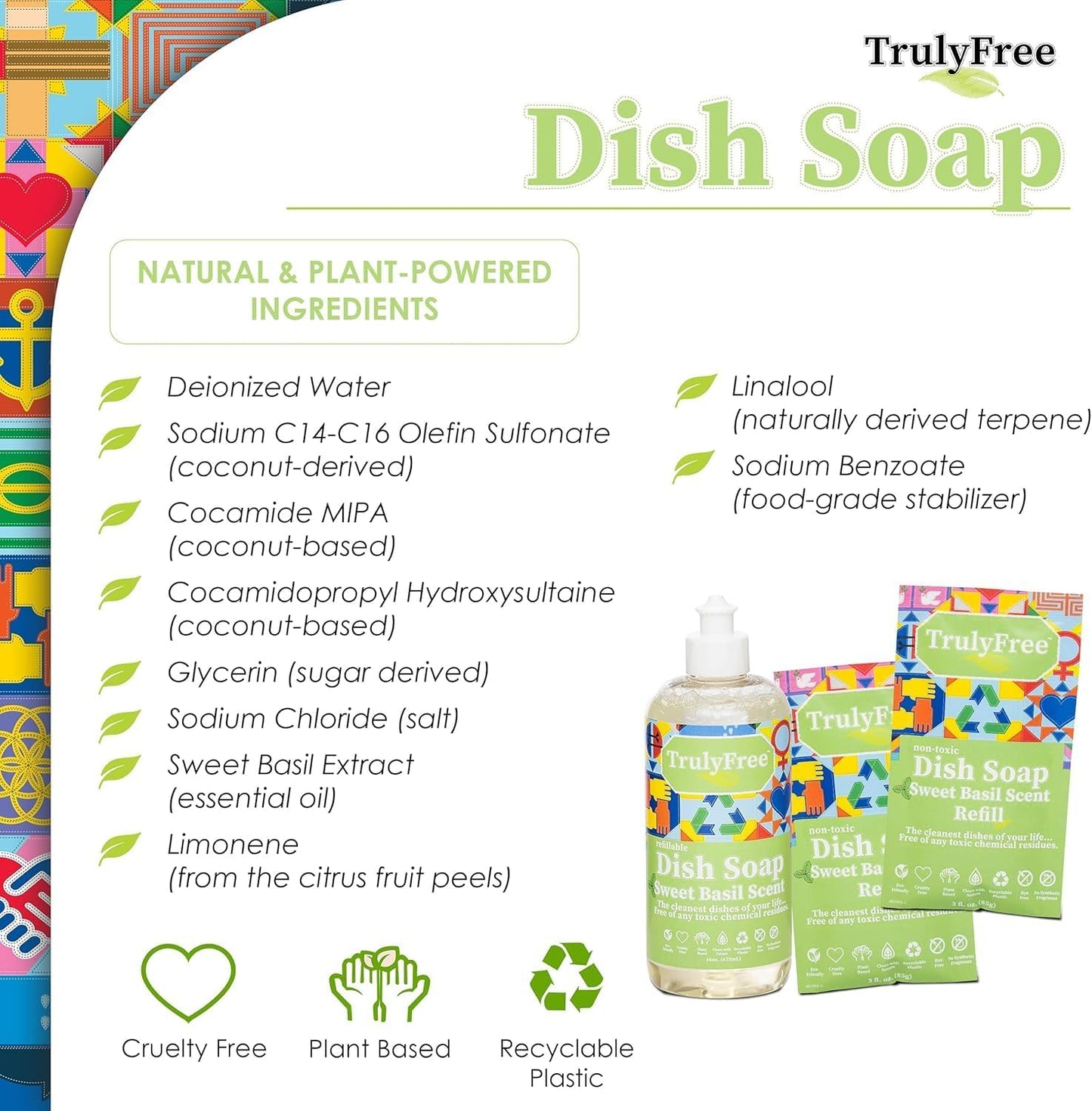 Truly Free Natural Concentrated Dish Detergent Dishwashing Liquid | Plant-Based Dish Soap | Sweet Basil Fresh Scent | Pack of 3