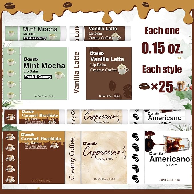 25 Pack Christmas Coffee Flavor Lip Balms Favors Bulk Coffee Lovers Gifts Cocoa Bar Party Favors Vanilla Latte Christmas Party Gifts Stocking Basket Stuffers for Women Men