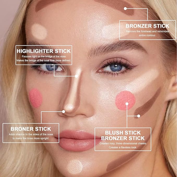3-in-1 Cream Contour Stick Set - Blush, Bronzer & Highlighter for Cheek Sculpting - Long Lasting, Waterproof - Light (1+3+4)