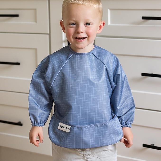 Tiny Twinkle Long Sleeve Bibs for Babies & Toddlers – 2 Pack Waterproof Smock Bibs for Eating – Machine Washable & Mess-Proof, Baby Feeding Essential & Shower Must-Have (Gingham Grid, 6-24M)