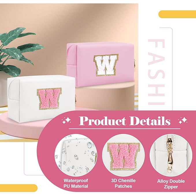 Personalized Makeup Bag Initial A-Z Preppy Patch Bag,Small PU Leather Travel Cosmetic Bag Pouch with Zipper,White Cute Toiletry Bag,Gift Ideal for Teen Girls Women Birthday Friend Mom,Letter W