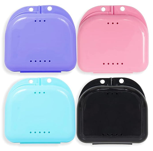 Retainer Cases - Pack of 4 Assortment - Odorless Mouth Guard Case - Ventilated & Hygienic for Carrying & Protecting Braces & Aligners - 3.14x3.07x1.1 Inches – Bluish, Black, Pink & Purple