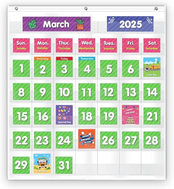 Eamay Classroom Monthly Calendar Pocket Chart with 71 Cards for Kids Learning for Home,White
