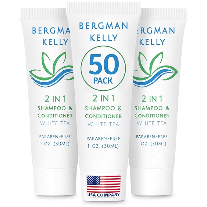 BERGMAN KELLY - Travel Size 2 in 1 Shampoo & Conditioner - 1 fl oz, 50 PK, White Tea - Delight Your Guests w/Revitalizing & Refreshing Shampoo Amenities - Quality Small Size Hotel Toiletries in Bulk