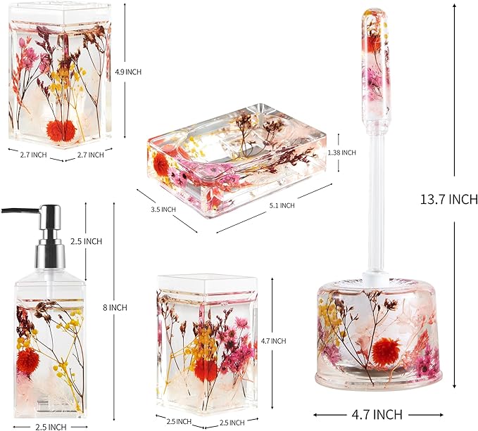 Locco Decor Bathroom Vanity Accessory Set Acrylic Liquid 3D Floating Motion Toothbrush Holder, Tumbler, Soap Dispenser, Soap Dish, Toilet brush, 5-Piece Accessory Set Garden Botanic Pink Plants