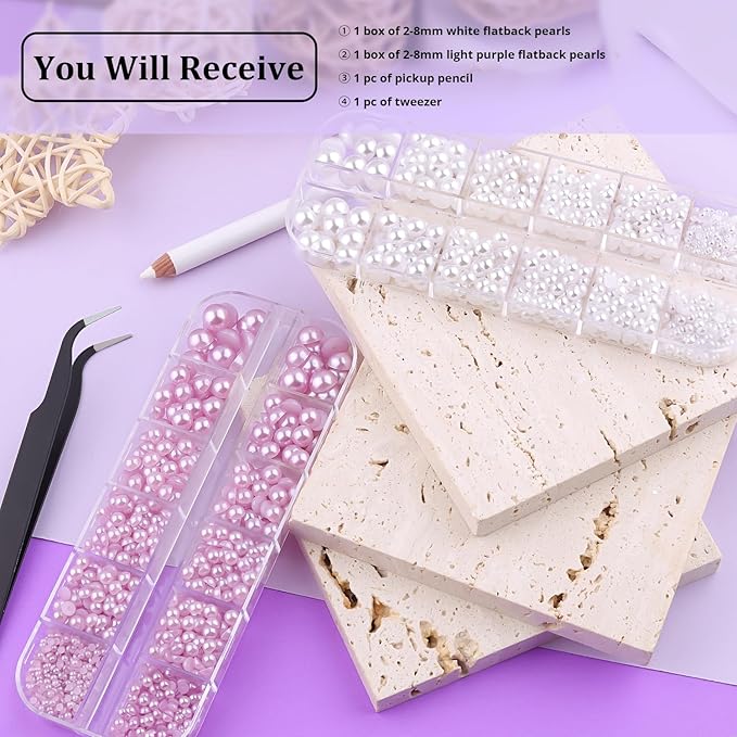 2 Boxes Flat Back Pearls Kit 2 Flatback White&Light Purple Half Round Pearls with Pencil and Tweezer 2-8mm for Face Makeup and Craft