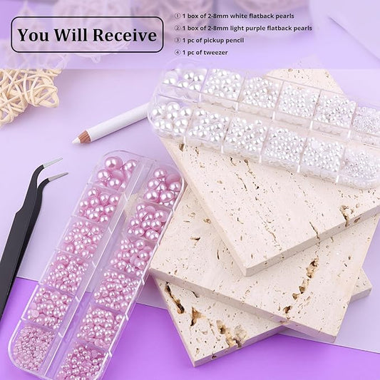 2 Boxes Flat Back Pearls Kit 2 Flatback White&Light Purple Half Round Pearls with Pencil and Tweezer 2-8mm for Face Makeup and Craft