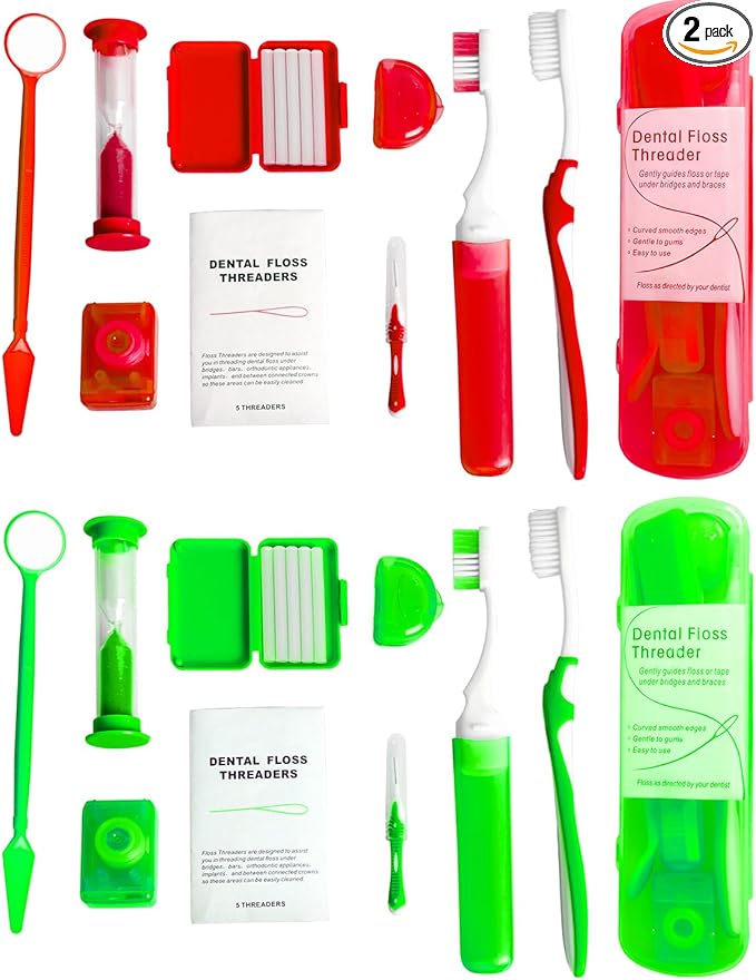Wenge Portable Orthodontic Oral Care Kit - 2Pack - Travel Kit for Patients, Interdental Brushing Wax Floss Toothbrush Cleaning (Red_Green)