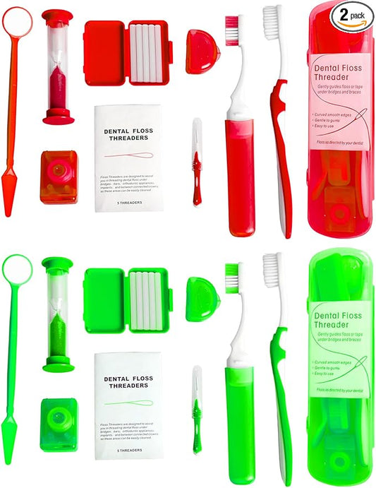 Wenge Portable Orthodontic Oral Care Kit - 2Pack - Travel Kit for Patients, Interdental Brushing Wax Floss Toothbrush Cleaning (Red_Green)