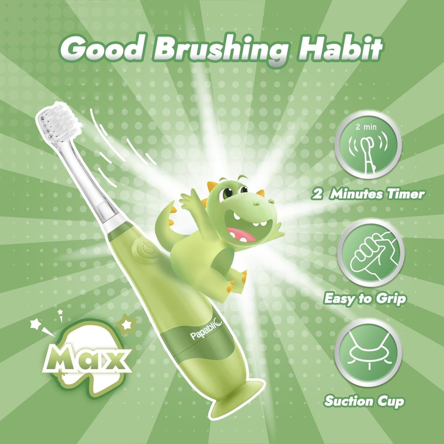 Papablic Toddler Sonic Electric Toothbrush Kids for Ages 1-3 Years, Baby Electric Toothbrush with Cute Dino Cover and Smart LED Timer, 4 Brush Heads (Max)