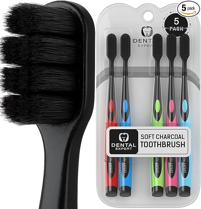 Soft Toothbrushes for Adults - Black Charcoal Toothbrush Ultra Soft for Sensitive Gums - Teeth Whitening Brush for Adults & Children [Extra Family Pack] Super Soft Tip Bristles (Colorful)