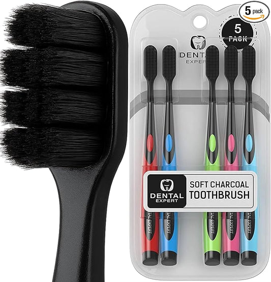 Soft Toothbrushes for Adults - Black Charcoal Toothbrush Ultra Soft for Sensitive Gums - Teeth Whitening Brush for Adults & Children [Extra Family Pack] Super Soft Tip Bristles (Colorful)
