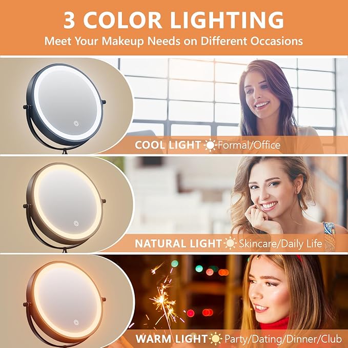 1X/20X Wall Mounted Makeup Mirror with Light, 8" Rechargeable Double-Sided Magnifying Mirror, Vanity Mirror Dimmable 3 Color Light, 360° Extension Rotation Foldable 14.5 Inch Arm for Bathroom