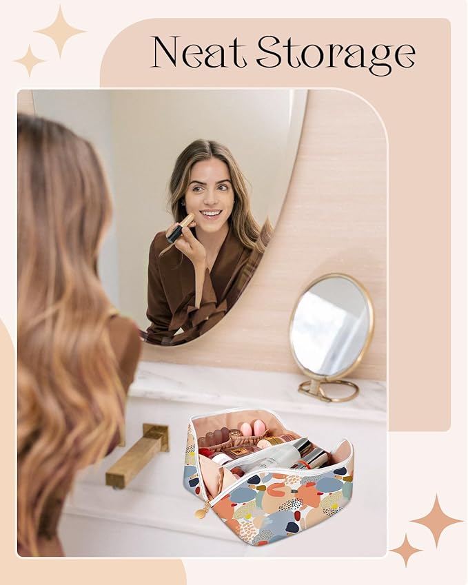 Bistup Makeup Bag Travel Cosmetic Bag Toiletry Make Up Bags Cute Women Large Capacity Big Medium Leather Abstract Aesthetic Portable Teen Girls Teenage Foldable Expandable Compact Open Flat Zip