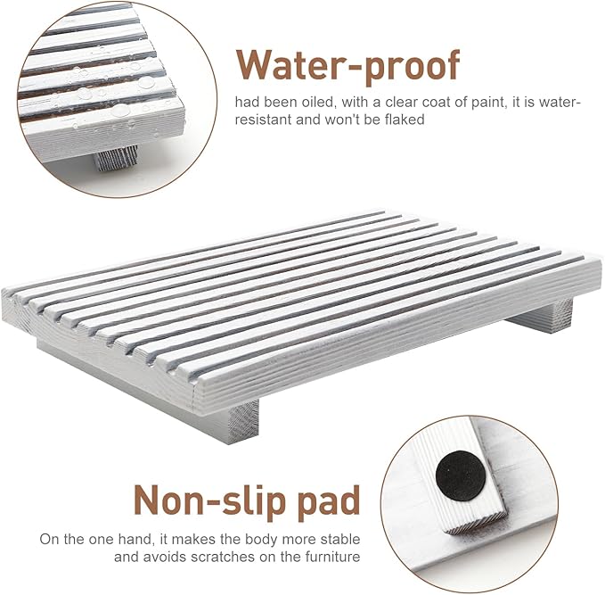 Rustic Bathroom Counter Tray Wood Display Pedesta Stand White Kitchen Countertop Trays Decorative Wooden Riser Dish Soap Dispenser Holder for Bathroom Sink Accessories Kitchen Decor Vanity Tray