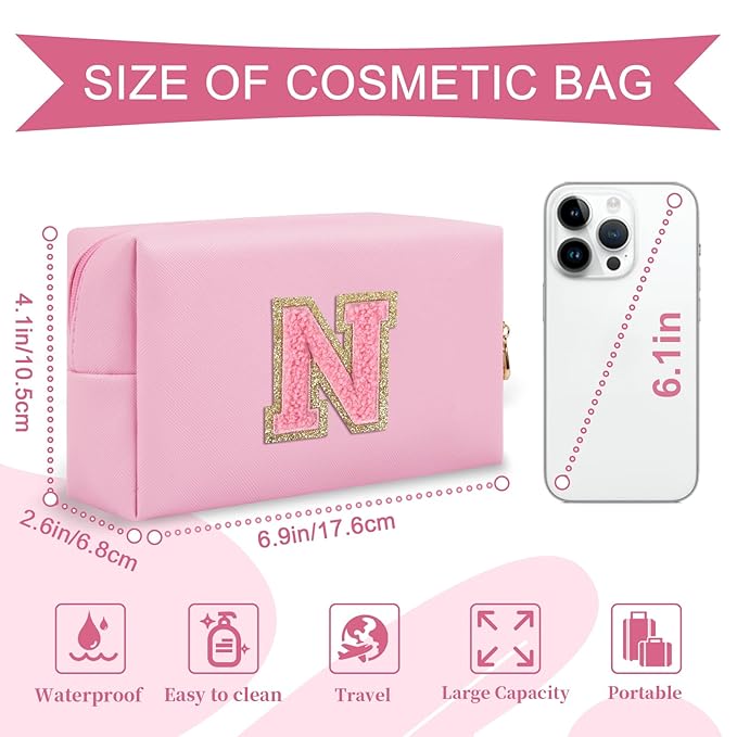 Personalized Initial A-Z Preppy Patch Makeup Bag,Small PU Leather Chenille Letter Cosmetic Bag with Zipper for Teen Girls,Pink Cute Travel Toiletry Bag,Birthday Monogrammed Gift for Daughter,Letter V