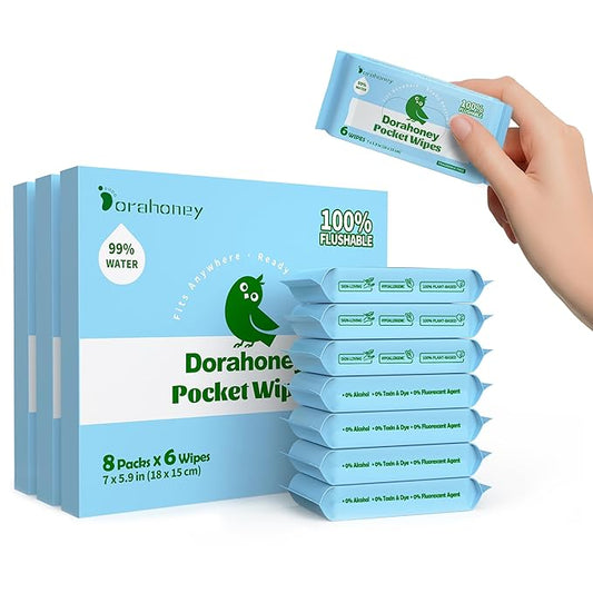 Flushable Wipes Travel Size, 99% Water Mini Wet Wipes for Sensitive Skin, Hypoallergenic & Unscented On The Go Pocket Wipes, 144 Count (24 Packs of 6)