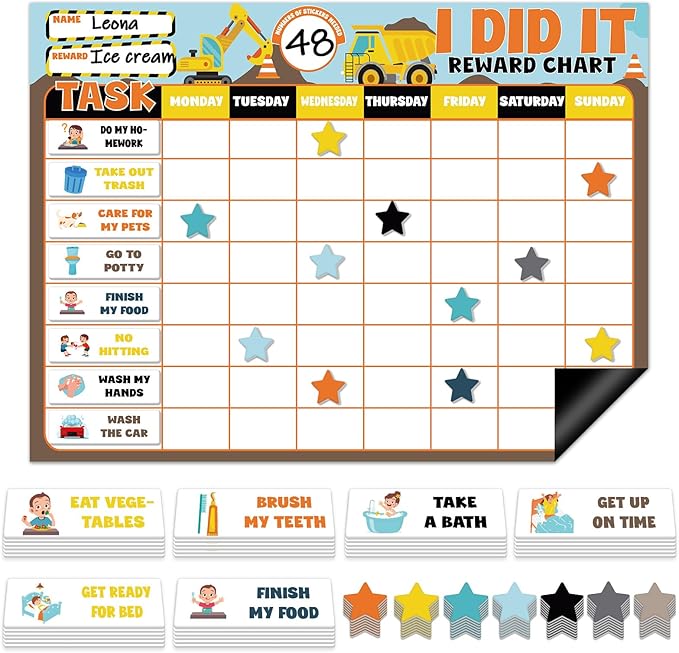 Magnetic Reward Chart for Kids at Home Construction Theme I Did It Motivate Behavior Reward Chart System Magnetic Behavior Tracker Incentive Chore Pad to Develop Responsibility and Good Habits