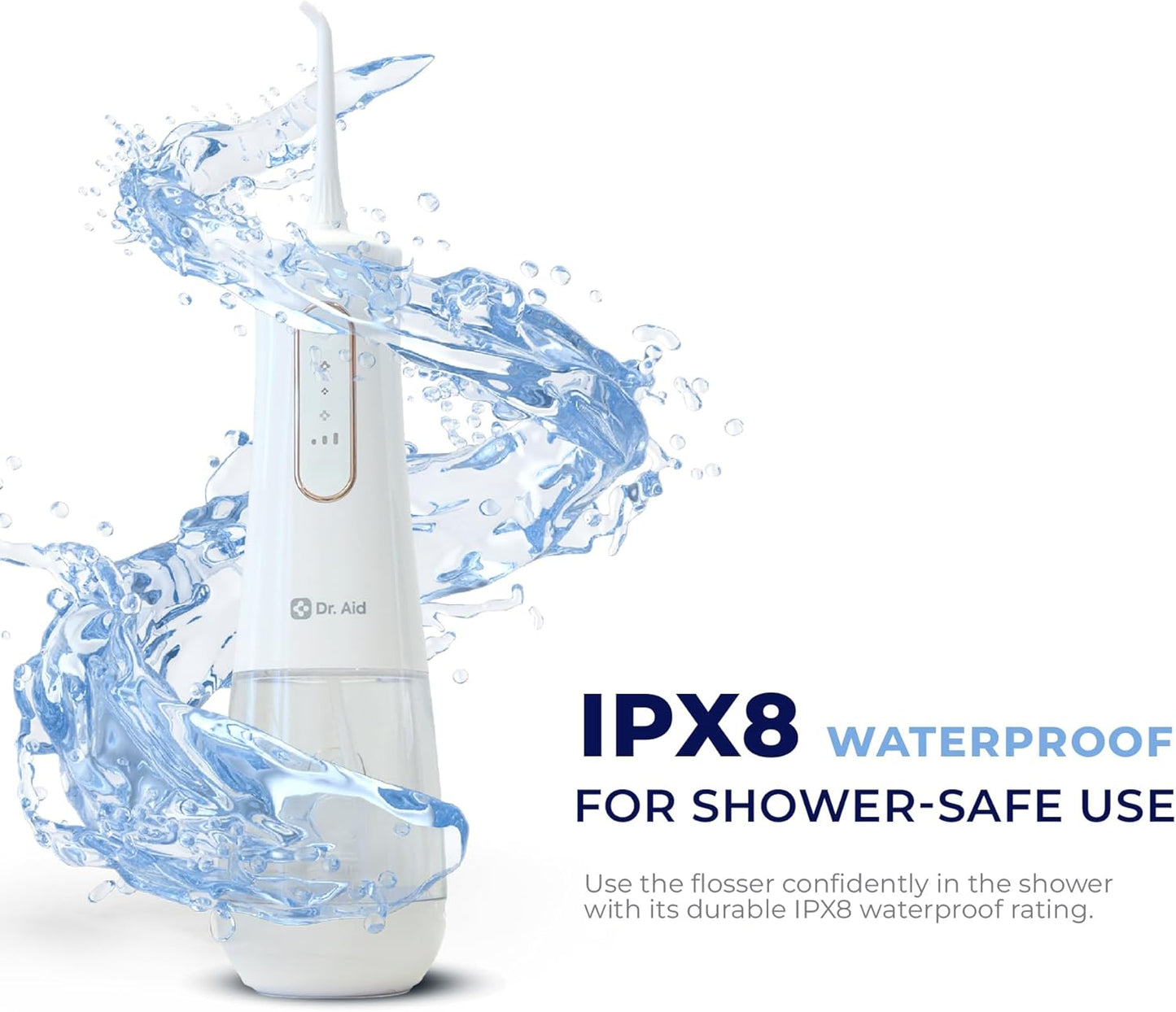 Dr. Aid Dental Water Flosser – Portable Oral Irrigator – 12Oz Tank, Water Filter, 5 Tips, Type C Charger – IPX8 Waterproof Cordless Water Flosser, Ideal Water Flossers for Teeth, Gums, Braces (White)