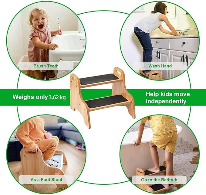 StrongTek Wooden 2 Step Stools for Kids, Safe Non-Slip Surface with Handles, 350 lbs Capacity, Portable Toddler Stepping Stool for Bathroom Kitchen and Bedroom (Natural)
