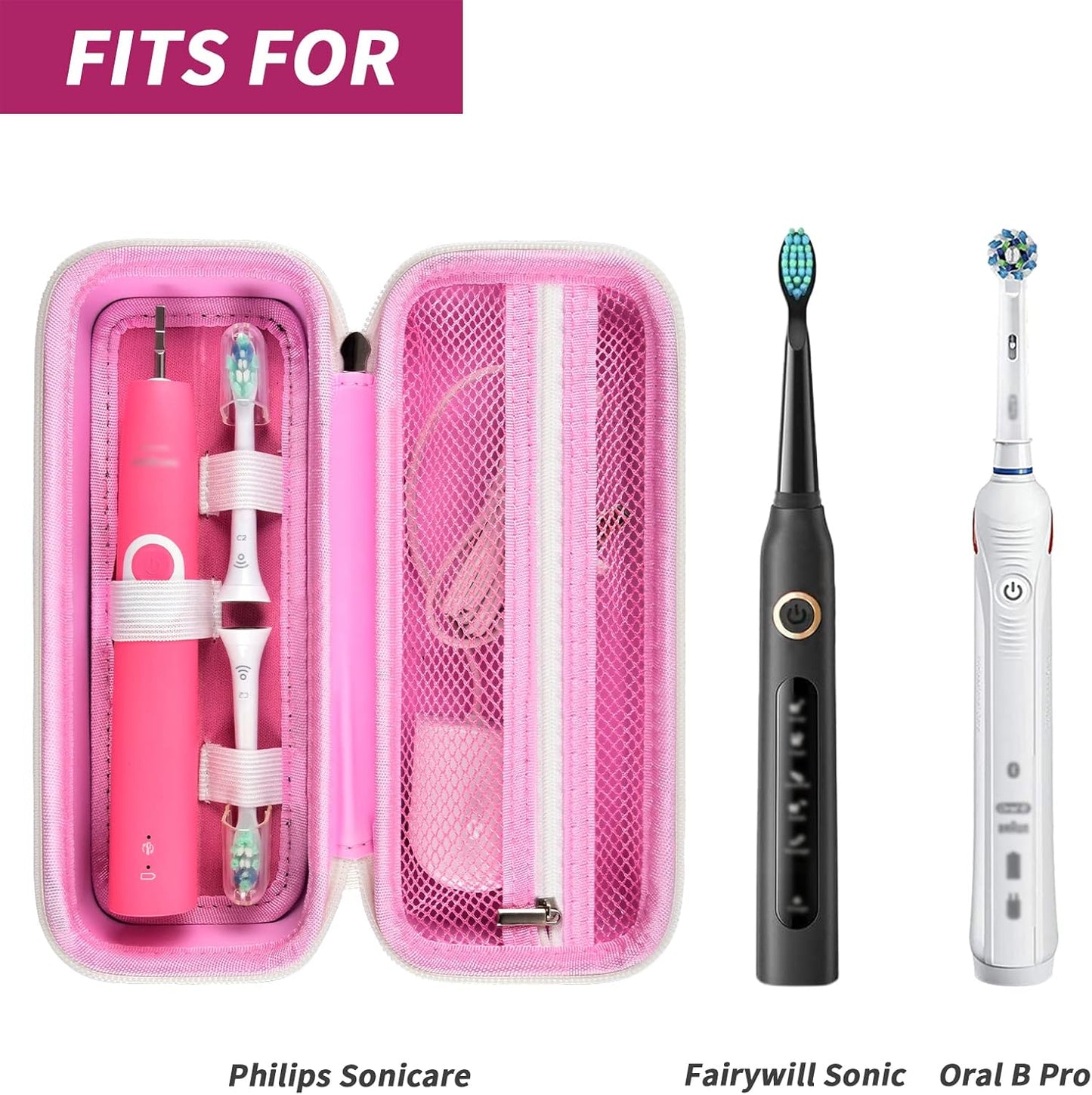 Toothbrush Travel Case Compatible with Oral-B Pro 1000, 2000, 3000, 3500, 1500/ for Philips Sonicare ProtectiveClean 4100 5100 Electric Toothbrush with Mesh Pocket for Accessories - Pink (Bag Only)