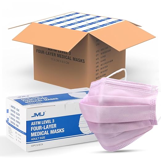 JMU 2000 Pcs Disposable Face Masks for Adults, 4-Ply ASTM Level 3 Medical Masks, Pink