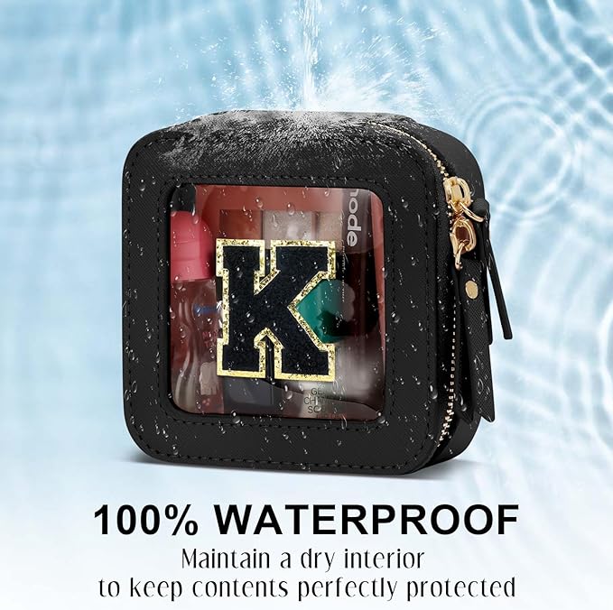 Initial Travel Toiletry Bag - Cosmetic Bags for Girls with Zipper, Clear & Potable Girls Makeup Bag for Travel, Small Cosmetic Pouch Perfect Gifts for Graduation (Black, K)