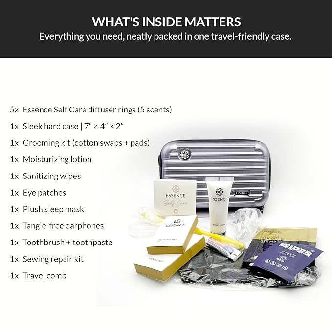 Essence Travel Amenity Kit - Compact Wellness Organizer with 5 Nasal Diffusers + 9 Traveler Comfort Essentials for Flights, Hotels & Adventures - Wearable Aromatherapy Self-Care On the Go