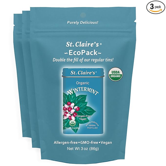 St. Claire’s Organic Wintermint – EcoPack 3 oz | Certified Organic, Vegan, Gluten-Free, Allergen-Free, Non-GMO, Low Calorie, Plant-Based | Made in USA