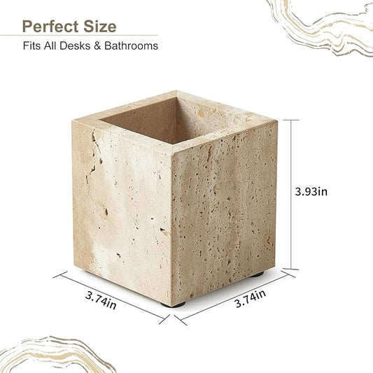 Real Natural Travertine Marble Toothbrush Holder & Pen Holder & Makeup Brush Holder & Utensil Holder, Genuine Stone Rectangular Bathroom Tumbler Cup, Durable Office & Home Countertop Organizer