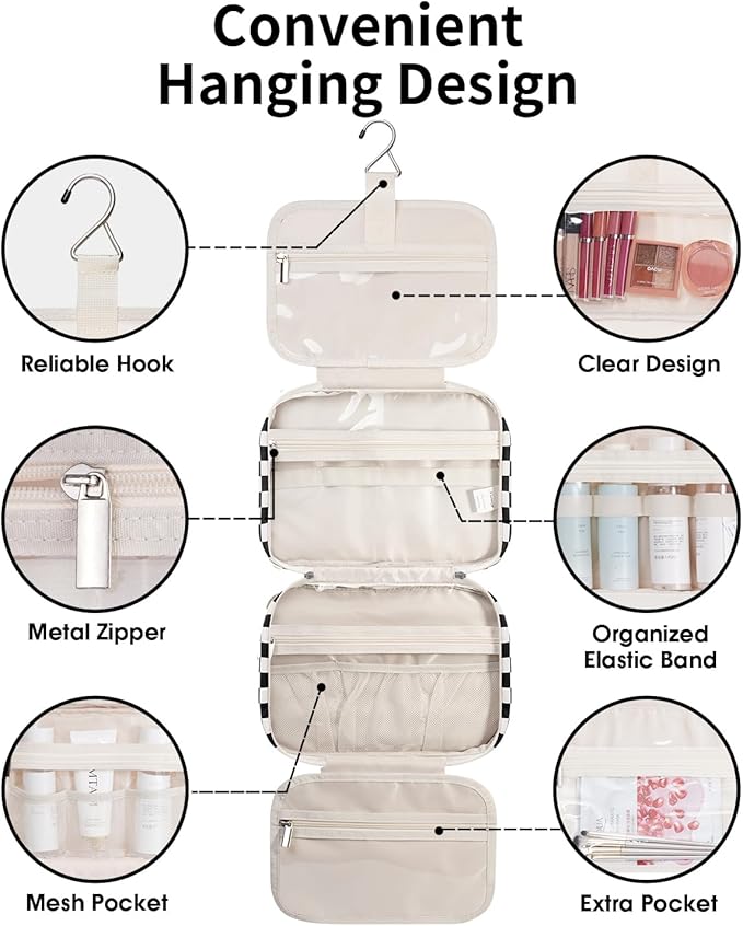 Narwey Hanging Toiletry Bag for Women Travel Makeup Bag Organizer Toiletries Bag for Travel Size Essentials Accessories Cosmetics (Black Checkerboard (Medium))