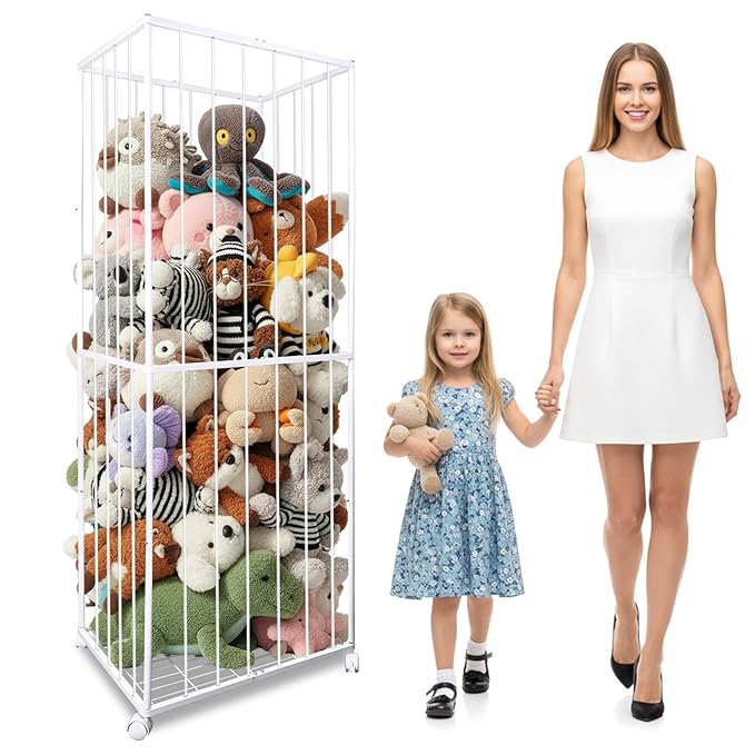 Stuffed Animal Storage, Metal Tube Extra Large Toy Storage Organizer with Brake Wheels, Stuffed Animal Holder Zoo Organizer for Nursery Playroom Kids Room White(61” x 23.6”x 16.5”)