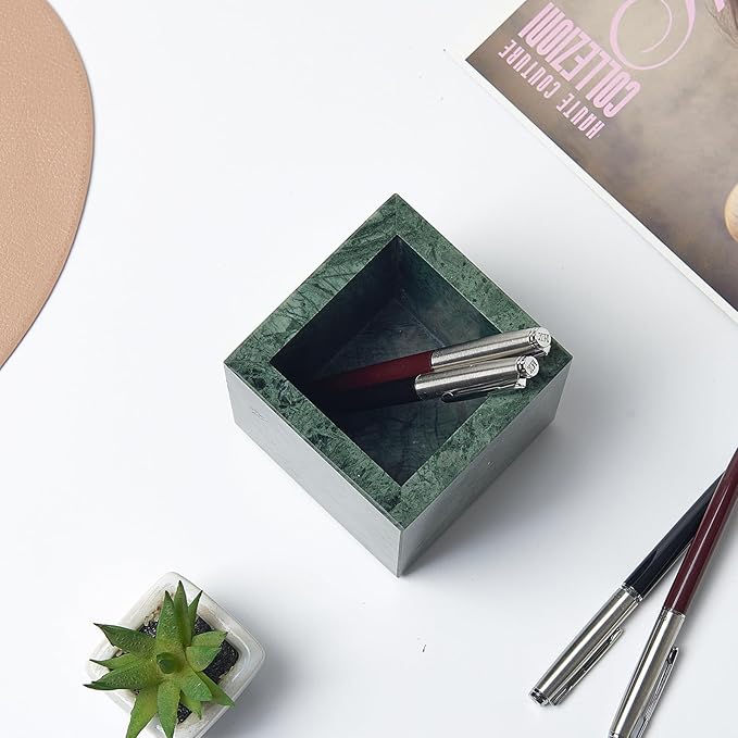 Real Natural Marble Toothbrush Holder & Pen Holder & Makeup Brush Holder, Genuine Stone Rectangular Bathroom Tumbler Cup, Durable Office & Home Countertop Organizer