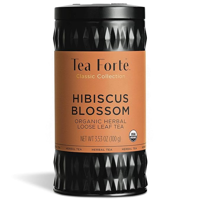 Tea Forte Hibiscus Blossom Premium Loose Leaf Caffeine-Free Herbal Tea Blend Canister, Makes 35-50 Cups, Round Canister