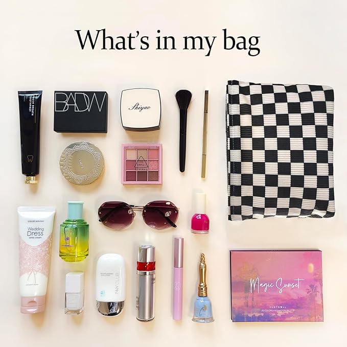 STARDW Corduroy Checkered Makeup Bag Cute Cosmetic Bags for Women Girls, Travel Toiletry Bag Large Capacity Zipper Makeup Pouch, Purse Organizer Pouches