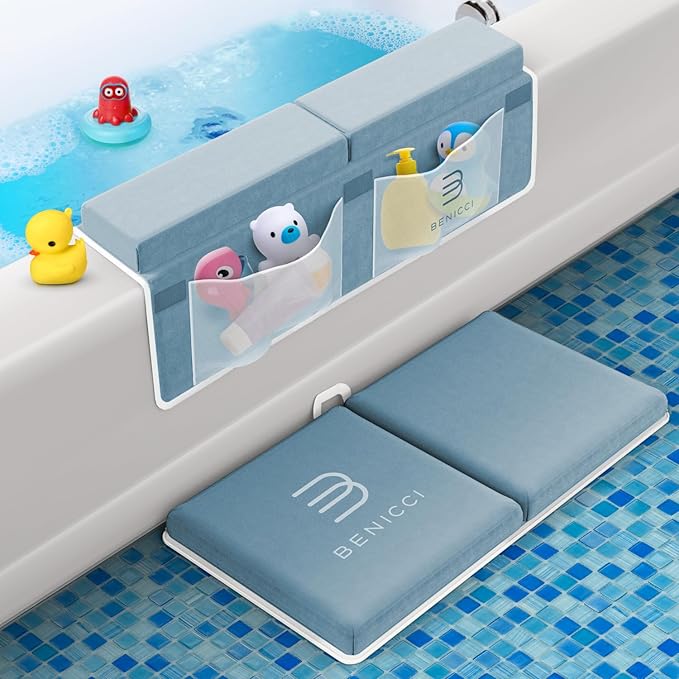 Comfortable Bath Kneeler and Elbow Kneeling Rest Pad for Baby Bathing Parents - Painless Foam Mat with Toy Organizer Pockets - Quick Drying, Foldable, Non-Slip for Baby and Toddler Bathing - Blue