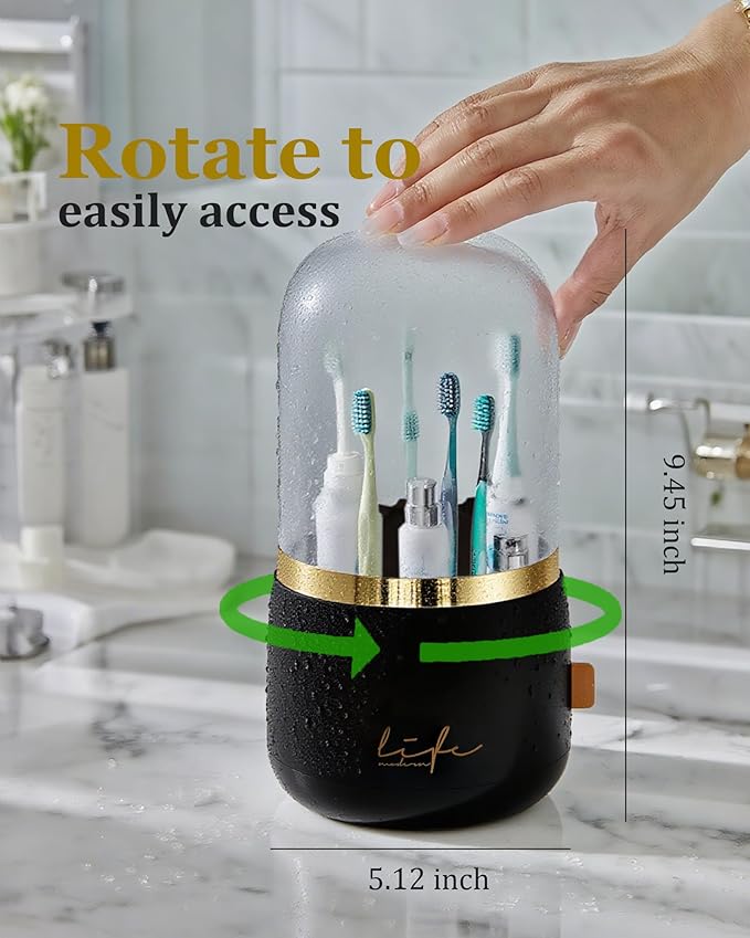 bubooo 360° Rotating Toothbrush Holder for Bathroom - Non-Slip Space-Saving 7-Slot with Cover & Drainage, Electric Toothbrushes/Toothpaste/Razor Organizer for Counter Vanity (black)
