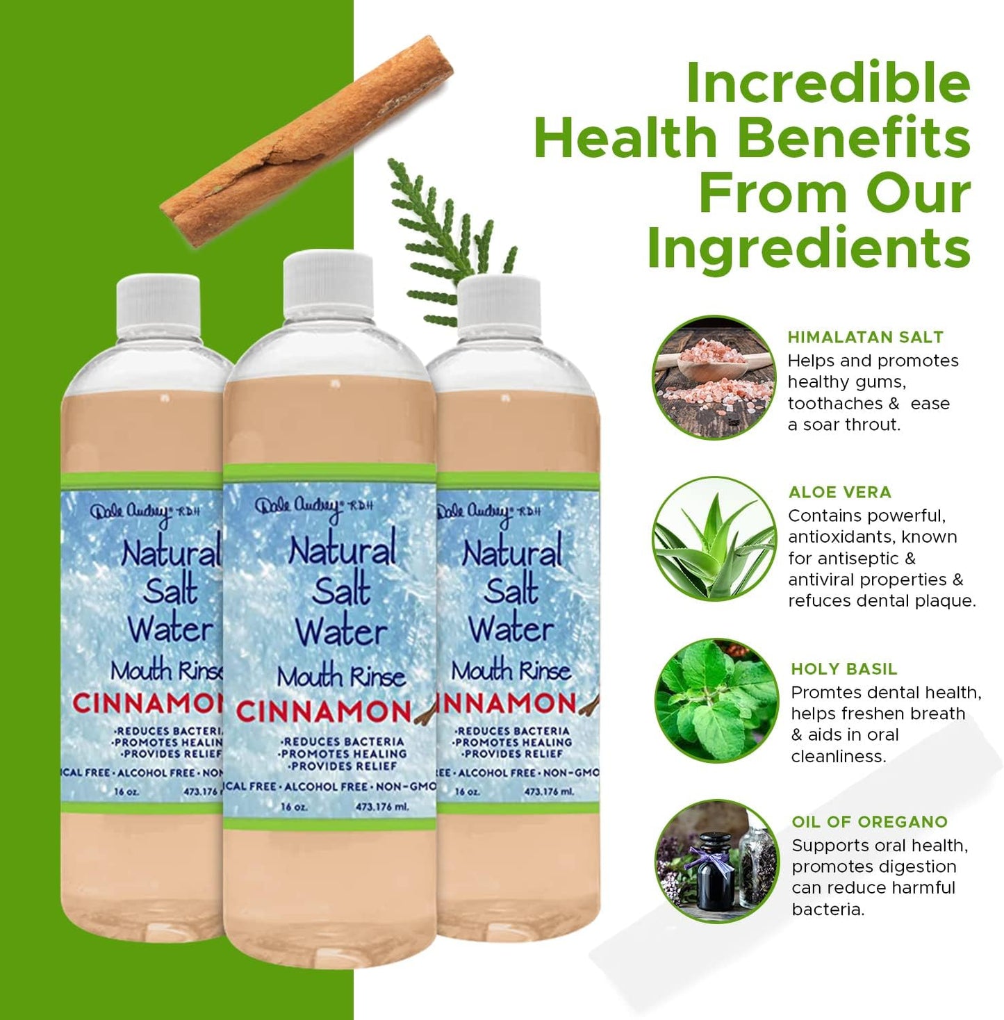 3 Pack Natural Saltwater Mouth Rinse | Himalayan Pink Salt Water Oral Rinse | Organic Cinnamon Flavor Fluoride & Alcohol Free Mouthwash for Fresh Breath | Natural Gum Care Mouthwash-16 FL Oz
