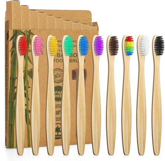 10 Color Soft Bristles Natural Bamboo Toothbrushes Set, Premium BPA Free for Best Clean, Eco-Friendly, Plastic-Free, Vegan, Biodegradable & Compostable Charcoal Wooden